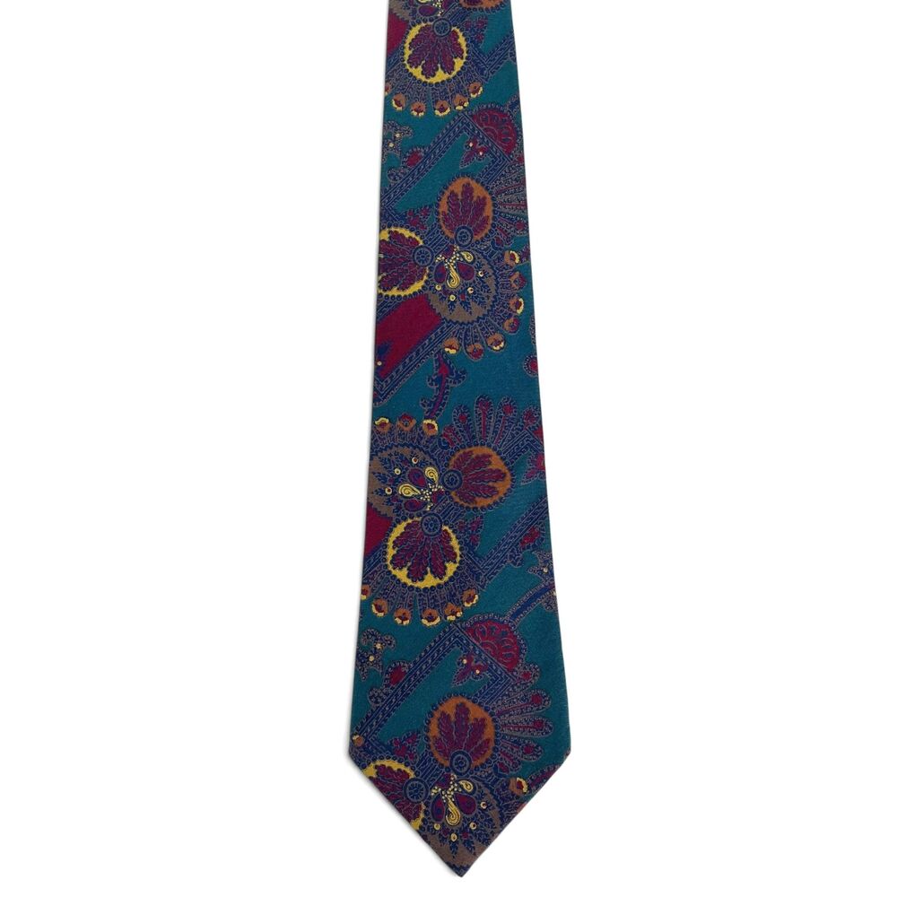 Vintage Liberty of London Ornate Paisley Peacock Floral Silk Men's Tie Teal